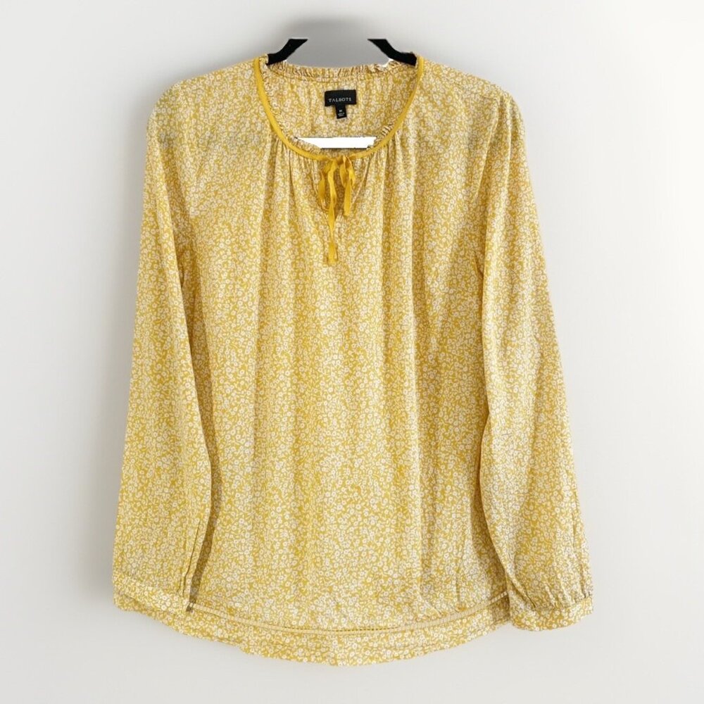 Talbots Yellow Floral Floral Top Womens Medium Ruffle Neck Cottagecore Spring
